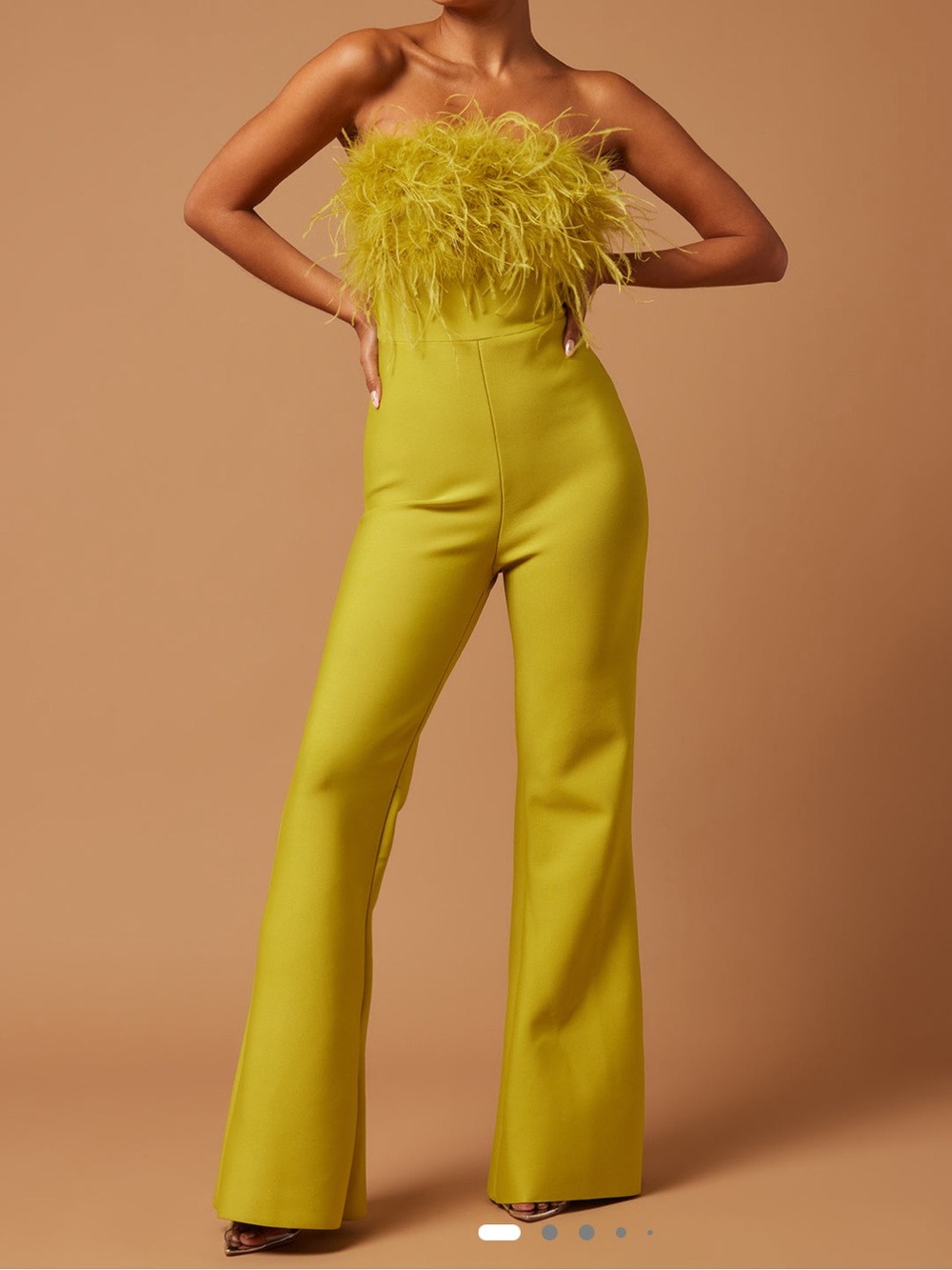 Fay Strapless Feather Bodice Bandage Jumpsuit in Chartreuse